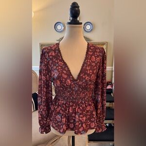 Elegant Floral V-Neck Long Sleeve Top with Lena trim & ruching, NWTS, medium